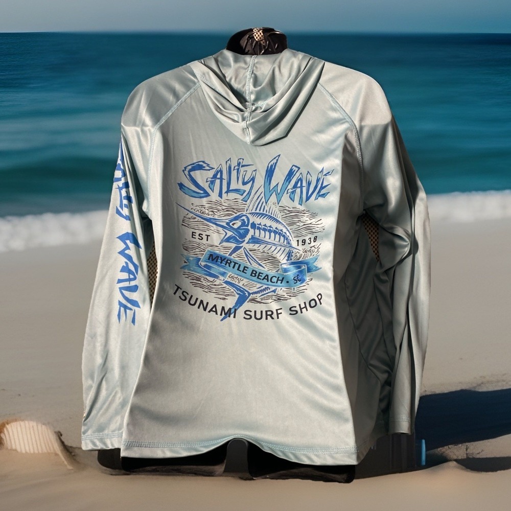 Salty Wave Hoodie Mens Large Myrtle Beach Tsunamis Surf Shop Mint Green UPF 50 +